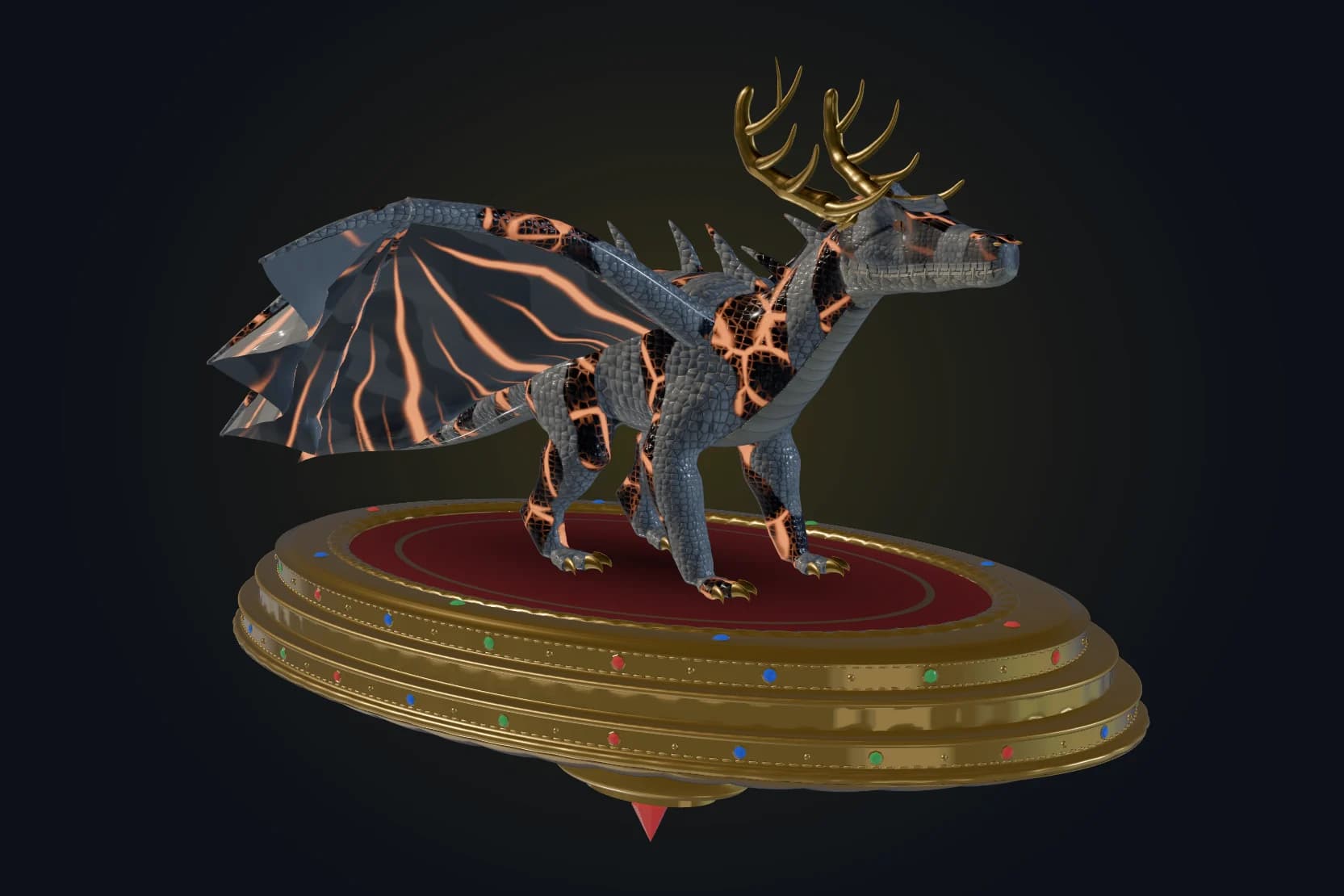 A grey Lava dragon with gold Regal antlers, standing on the Royal Dais